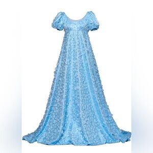Regency Jane Austen Style Blue Lace Dress – Puff Sleeve Maxi – Size 3XL (XXXL)